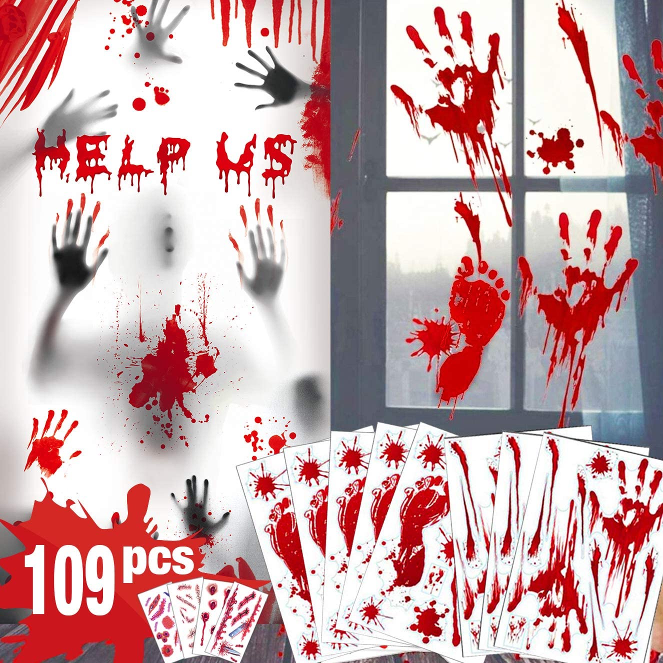 Lot De 9 Feuilles D’autocollants D’horreur Halloween – Empreintes Sanglantes, Citrouilles, Têtes De Mort – Réutilisables