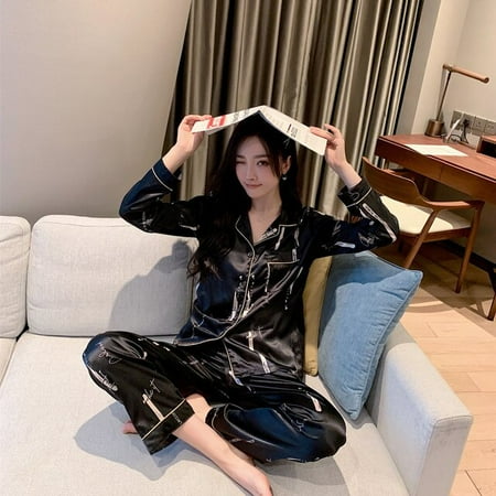

QWZNDZGR Fashion Silk Satin Couples Pajama Sets Men Women Long sleeve Cardigan Sleepwear Nightwear Plus Size Home Clothes Suits Pijama