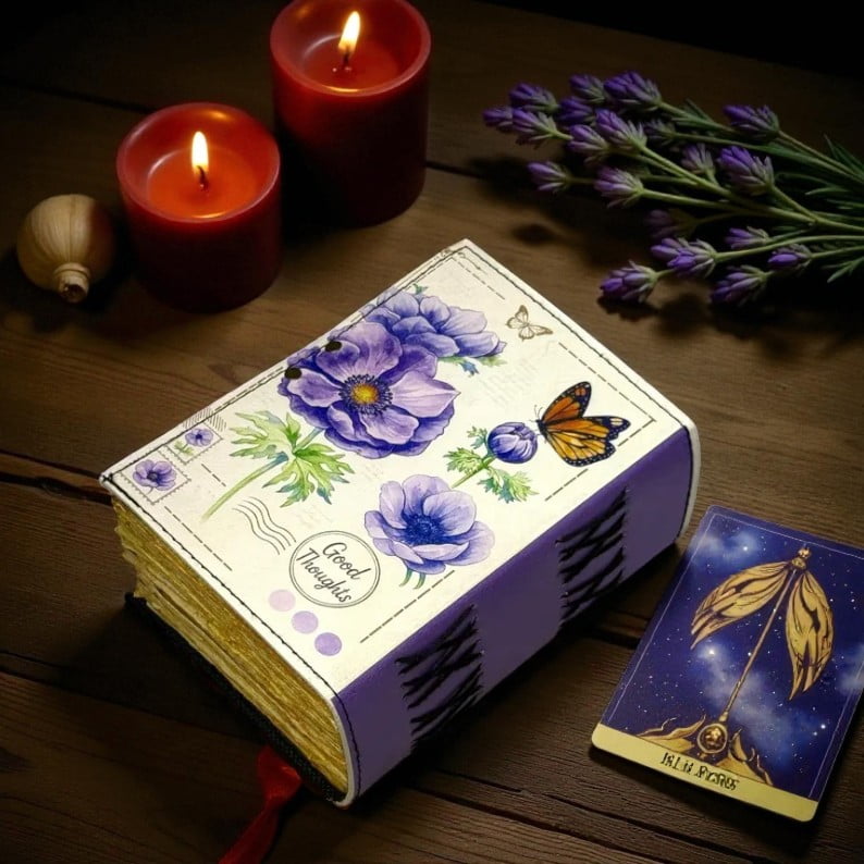 Handmade Leather Journal with Lavender Floral Art – 5x7 Inch Vintage Diary with 200 Deckle Edge Handmade Pages, Writing & Sketch Notebook, Aesthetic Butterfly Cover, Christmas Fest
