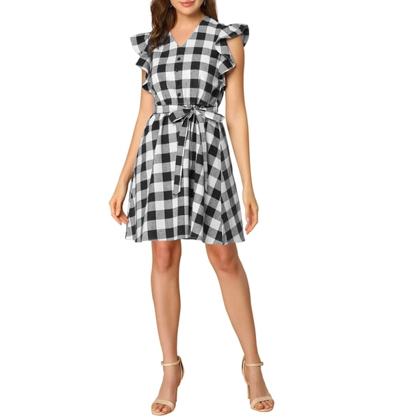 INSPIRE CHIC Vestido Mini de Cuadros con Cuello en V, Mangas con Volantes y Cinturón para Mujeres en Negro