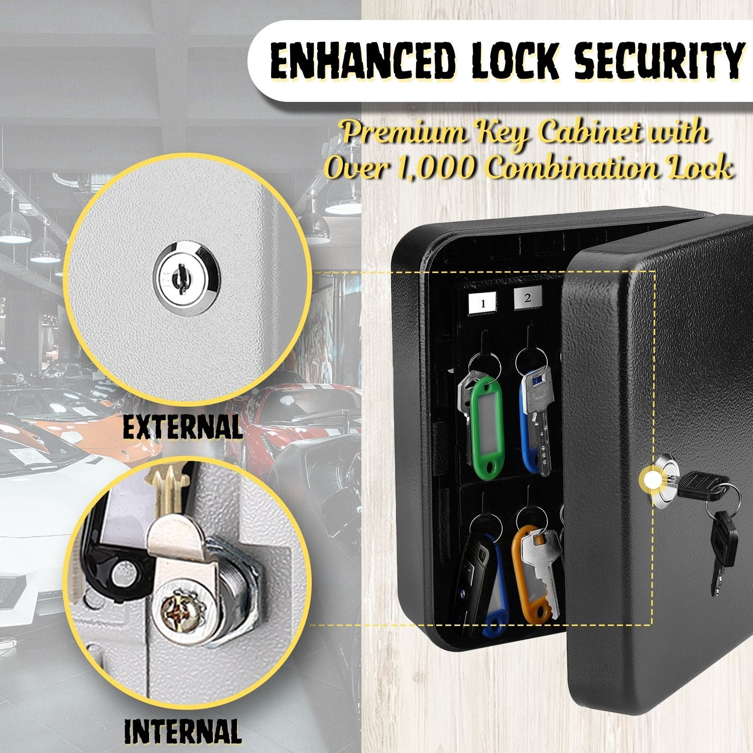 Key Cabinet Key Lock Box Wall Mount with 40 Key Holder Organizer Locker Case, Colored Key Tags & Hooks Wall Mounted Lock Box For Keys Storage, Homes, Property, Hotels, Business (Black)