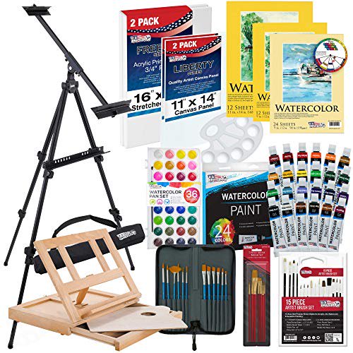 69pc Deluxe Watercolor Paint Set with Table & Field Easel Paint Pads Brushes