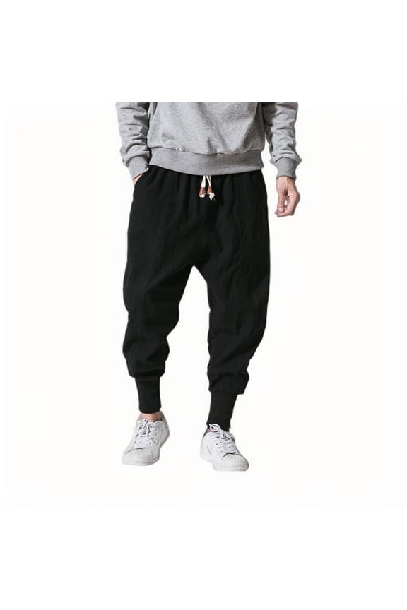 Fashion Men's Solid Color Casual Loose Comfort Harem Pants Elastic Drawstring Waist Cuffed Hem Pants with Pockets