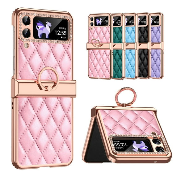 Foreverich Luxury Diamond Bling Glitter Case For Samsung Galaxy Z Flip 3/Z Flip 4 5G, Plating PC Grid Leather Ring Holder Stand Shockproof Case Cover