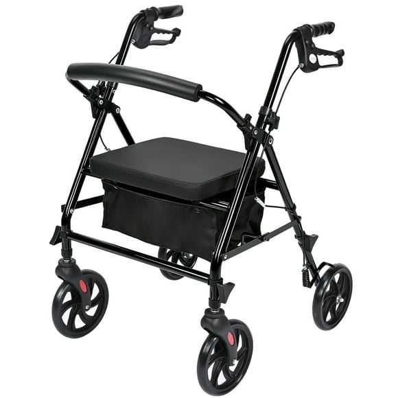 Folding Rollator Walker with Wide Seat for Seniors, 8" Wheels and Convenient Storage Bag, Adjustable Handle Height, Supports up to 300 lbs, Black