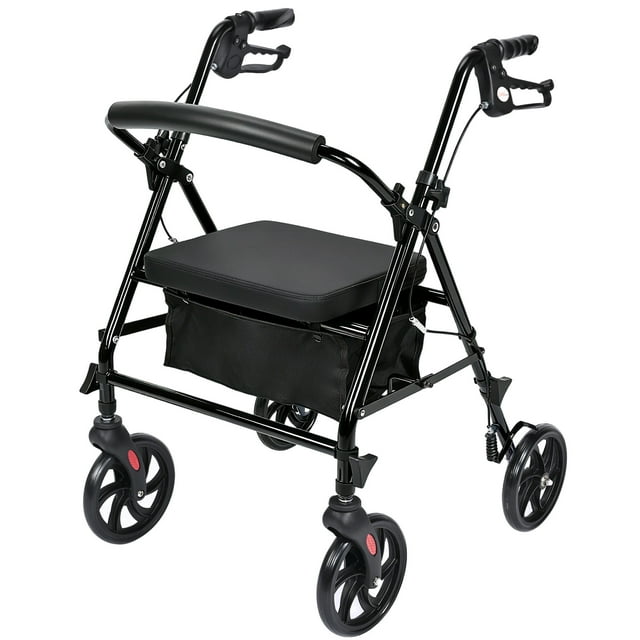 Déambulateur à Roulettes Pliant avec Siège Grand pour Aînés, Roues de 8 Pouces et Sac de Rangement Pratique, Hauteur de Poignée Ajustable, Supporte jusqu'à 300 Lb, Noir