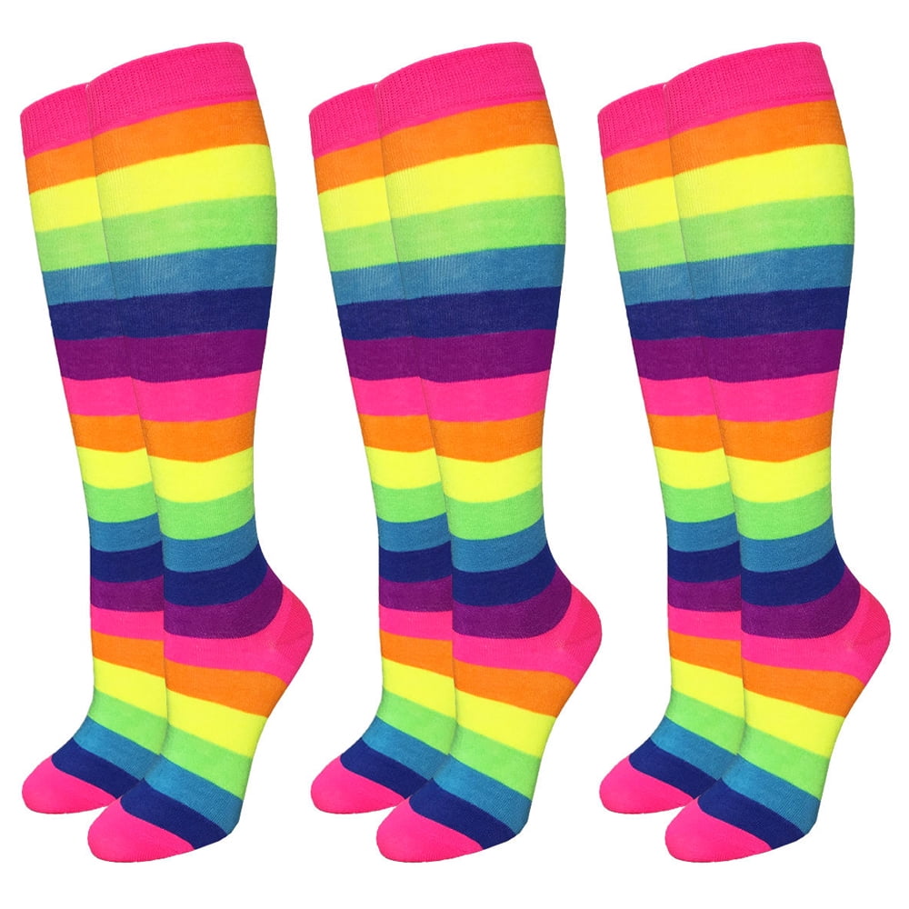 3 Pairs Neon Rainbow Stripe Knee High Socks Size 911 Fashion Bright