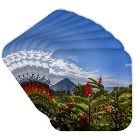 3drose, Arenal Volcano in Costa Rica with Tropical Flowers., Set of 8 Coasters - Cork