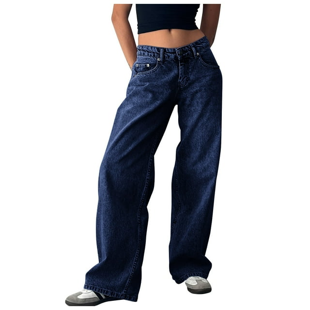 YDLCAFD Retro Low Waist Non Elastic Washed Straight Jeans Autumn New Street Wide Leg Denim Pants S