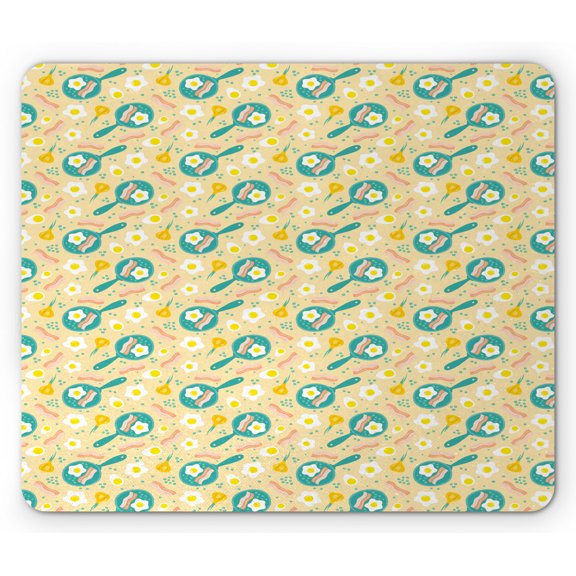 Bacon Mouse Pad, Breakfast Concept with Bacon and Egg Yolk at Pan with Onion and Beans Illustration, Rectangle Non-Slip Rubber Mousepad, Multicolor, by Ambesonne