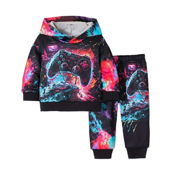 RUTAYY Children Boys Outfit Sets Soft Plush Hooded Game Print Long Sleeve Tops and Pants 2-Pack Comfortable Playwear Relaxed Classic Clothing Sets