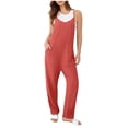 thumbnail image 2 of Costeam Womens Sleeveless V Neck Knit Overalls Dual Square Patch Side Pockets Loose Straight Full Length Wide Strap Relaxed Fit Casual Jumpsuit, 2 of 6