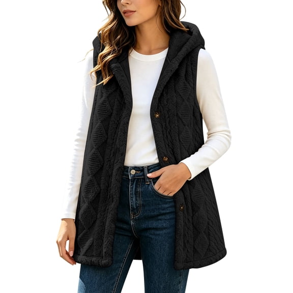 Get It Fast Ladies Lightweight Winter Vest Sleeveless Hooded Jacket Fleece Button up Jacket Solid Color Outerwear with Pockets My Order My Items