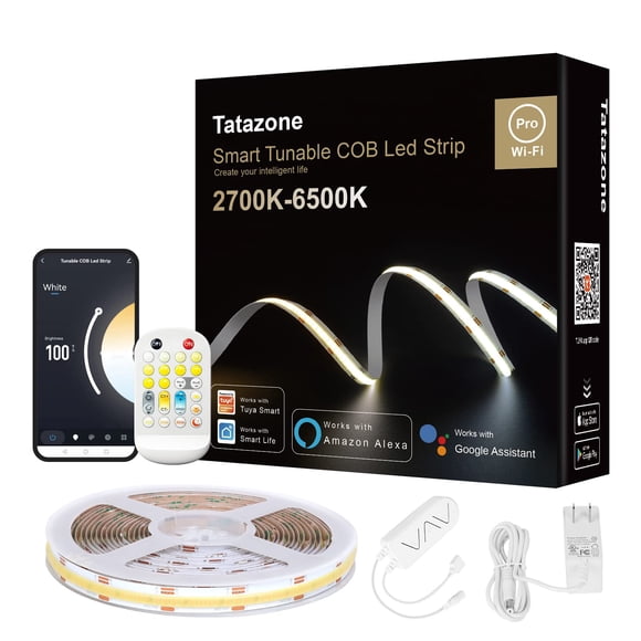 Tatazone 32.8ft Tunable White Smart COB Led Strip Light Kit, CCT 2700K-6500K Bright COB Led Tape Light Compatible with Alexa and