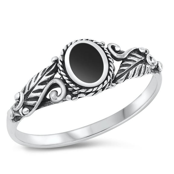CHOOSE YOUR COLOR Bali Leaf Simulated Black Onyx Ring .925 Sterling Silver Band CZ Female Size 8