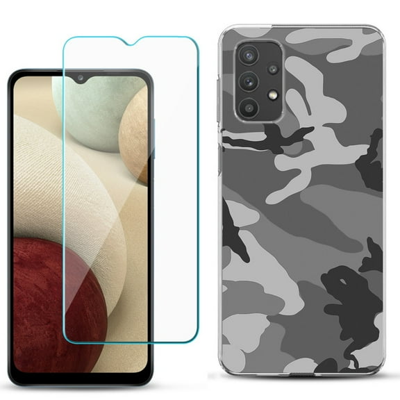 Slim-Fit TPU Phone Case compatible with Samsung Galaxy A32 5G, with Tempered Glass Screen Protector, by OneToughShield ® - Camo B/W
