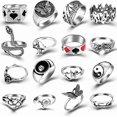 thumbnail image 1 of Juego de 16 anillos góticos punk de plata para hombres y mujeres, con diseño de rana, serpiente, mariposa, araña, ojo de animal, ajustable, estilo gótico, apilables., 1 of 5