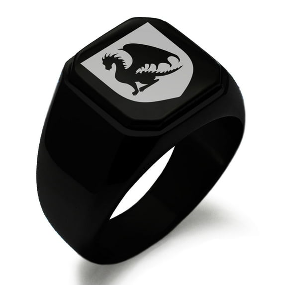 Stainless Steel Dragon Guardian Coat of Arms Shield Engraved Square Flat Top Biker Style Polished Signet Ring