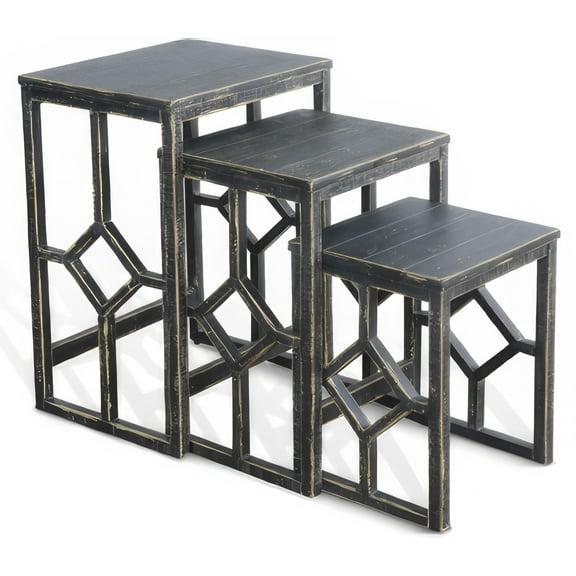 Rena 3 Piece Nesting Accent Table Set, Slatted, Rustic Black Mahogany