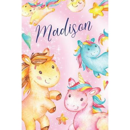 Madison: Personalized Name Unicorn Design on Pink Star Dream Fantasy Pattern, Lined Paper Note Book For Girls To Draw, Sketch &