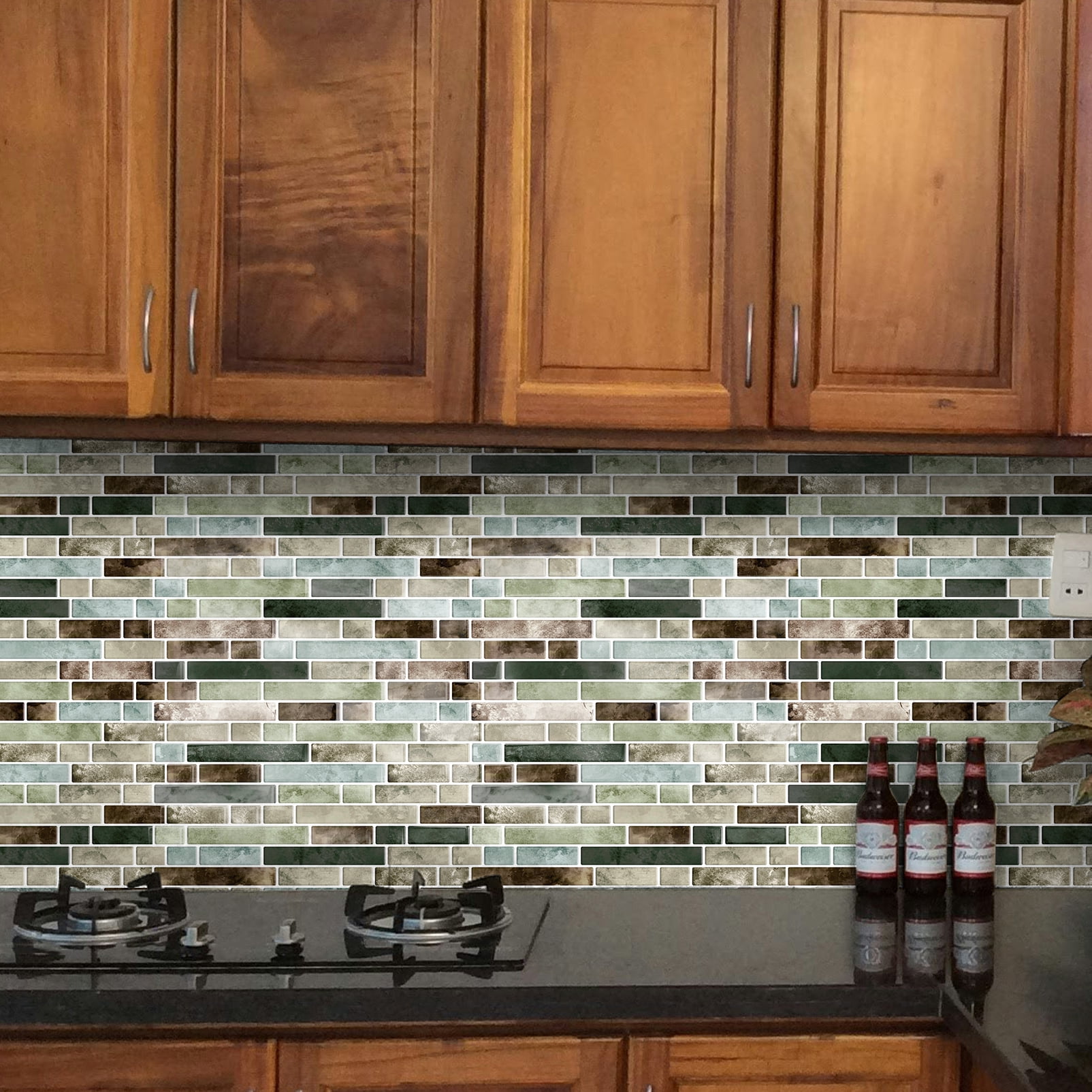 DEWOO Thick Kitchen Peel and Stick Tile Backsplash, Stick on Wall Tiles, 12"x12" Self Adhesive Sticky 3D Wall Marble Tiles Bathroom (10-Sheet，Green Brown)