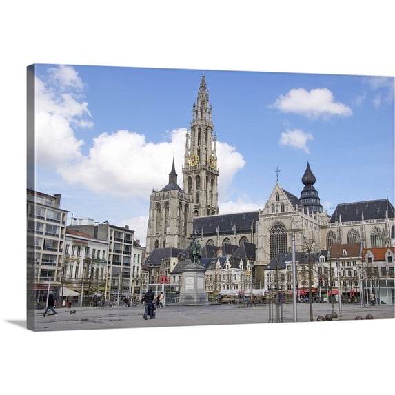 Great BIG Canvas | "Belgium, Flanders, Antwerp, Statue of Rubens and Our Lady's Cathedral" Canvas Wall Art - 24x16