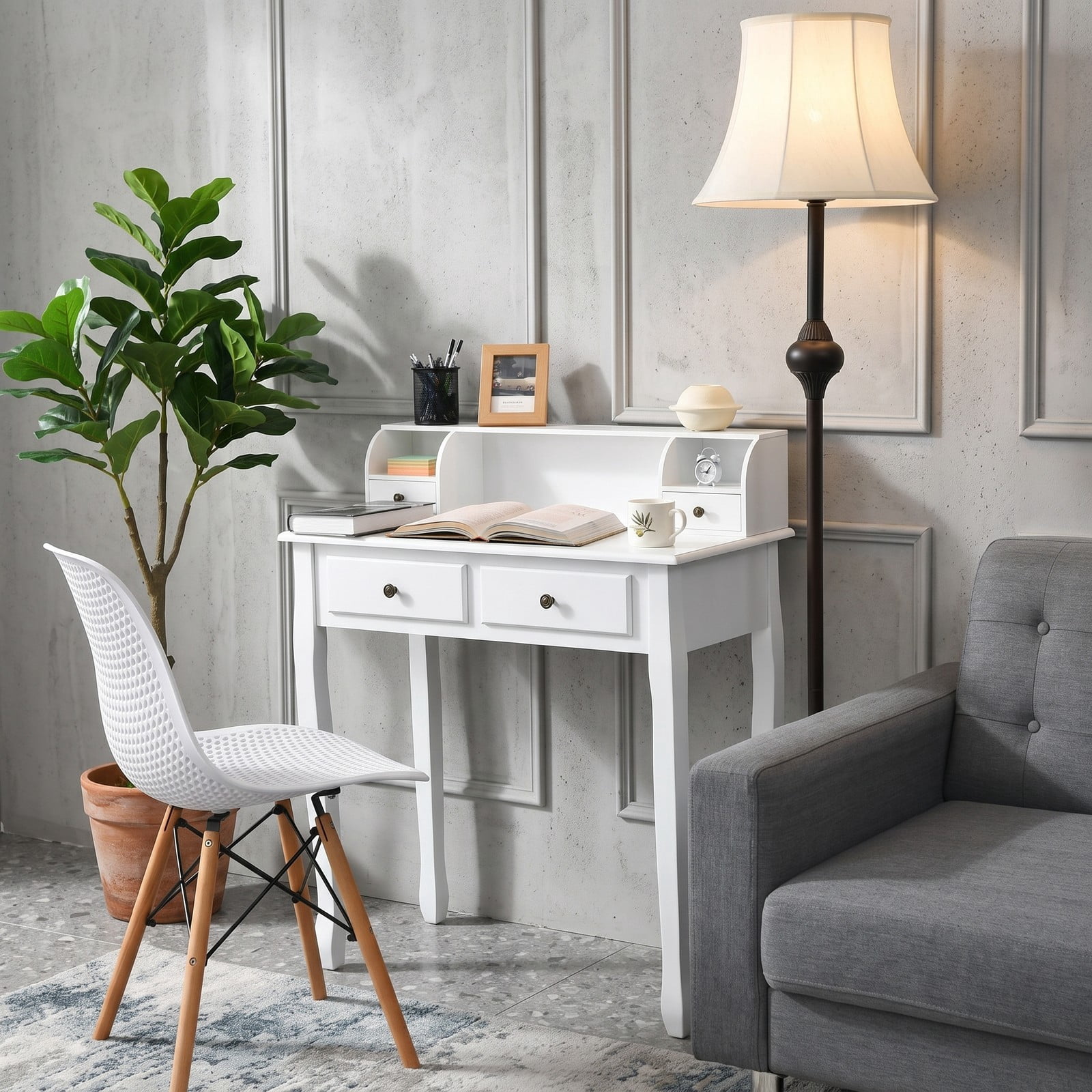 Furnibear Vanity Desk with 4 Drawers, 2-Tier Writing Desk Computer Desk with Detachable Storage Cabinet for Home Office and Bedroom, White