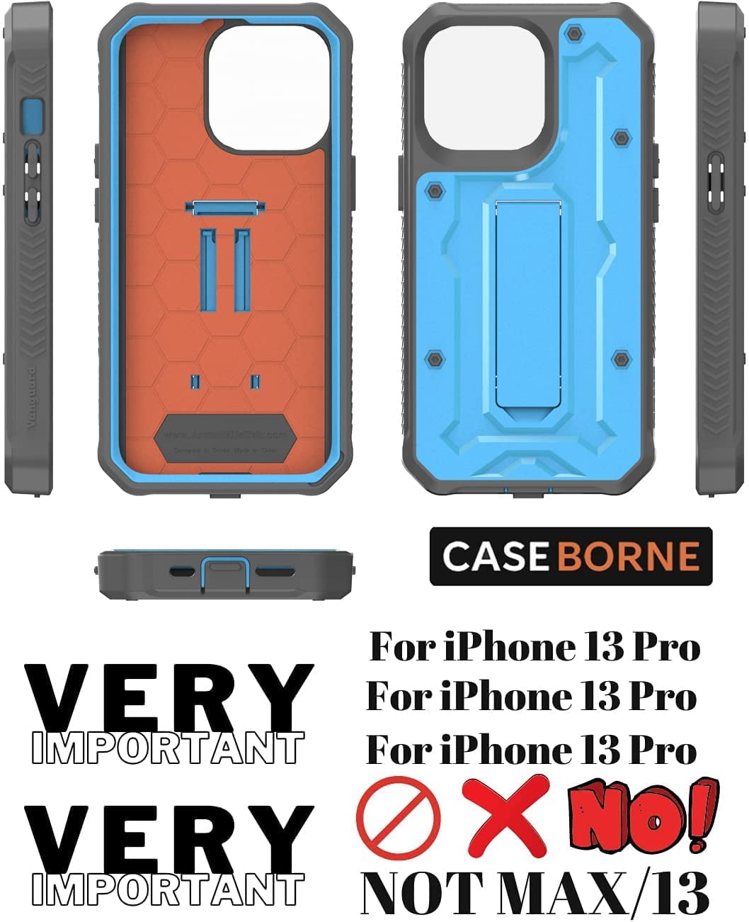 CaseBorne ArmadilloTek V Case for iPhone 13 Pro with Built-in Screen Protector & Kickstand Full-Body Multi-Layer Rugged - Blue
