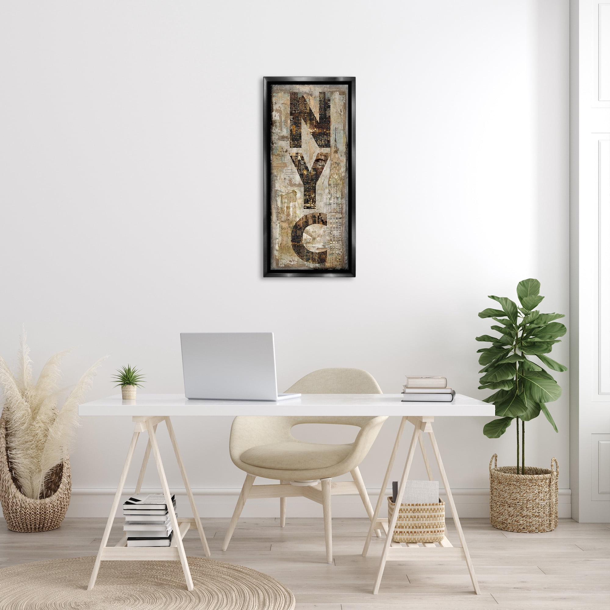 Stupell Industries New York City Montage Collage Town & City Painting Black Floater Framed Canvas Art Print Wall Art, 15 x 31