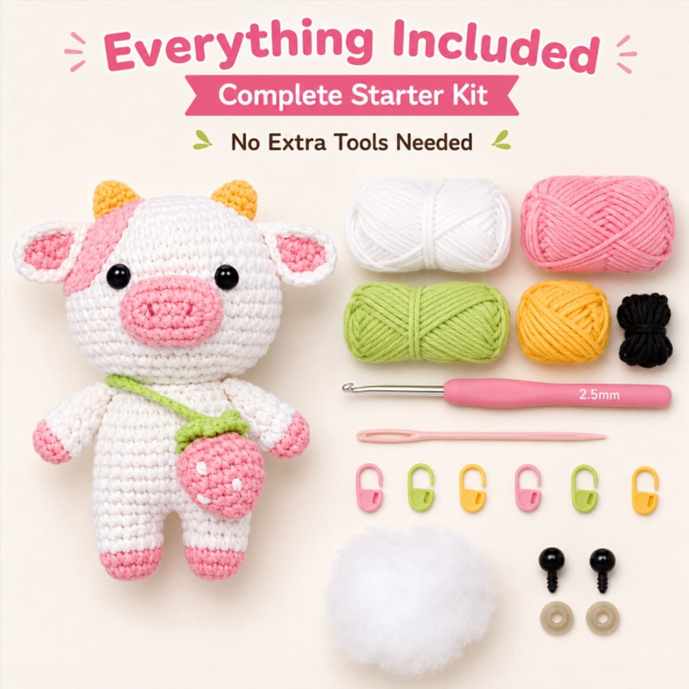 Strawberry Pig Crochet Kit for Beginners, Pig Amigurumi Starter Set with Step by Step Video Tutorials, TIKA