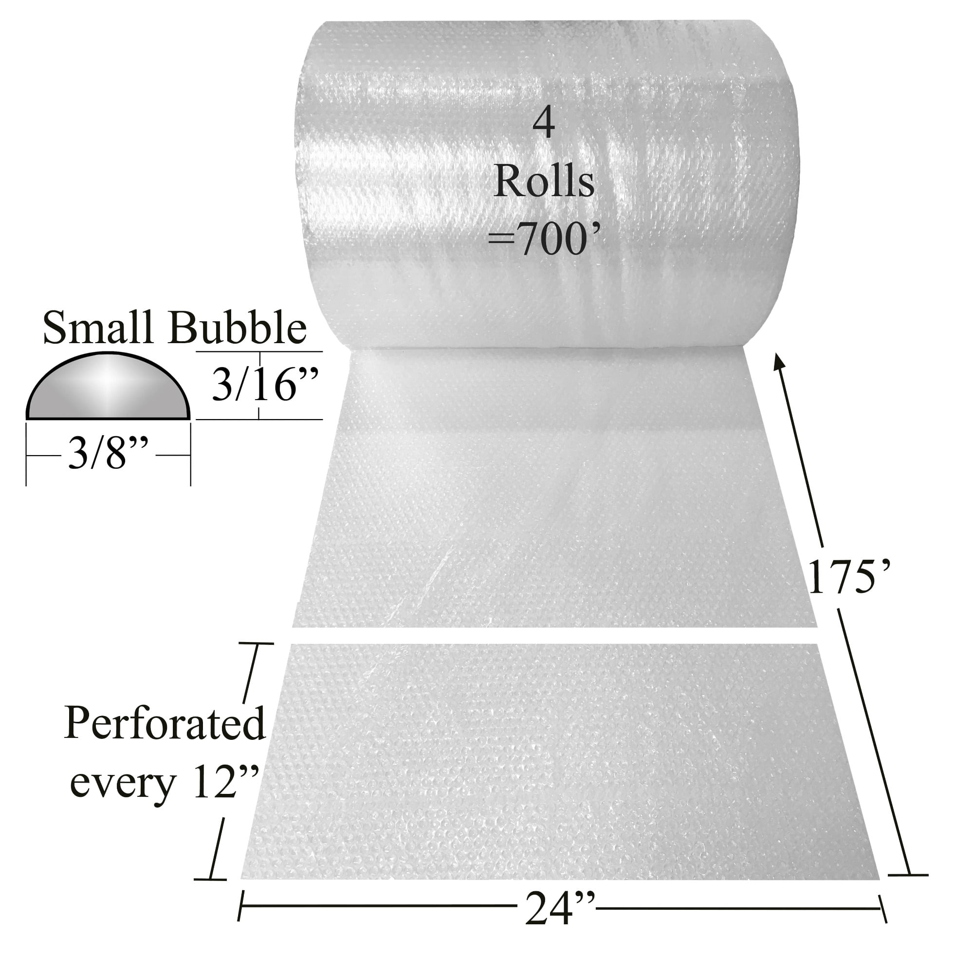 UOFFICE Bubble Roll Perforated 3/16", 24" x 700', Clear, 4 Count, 1 Pack