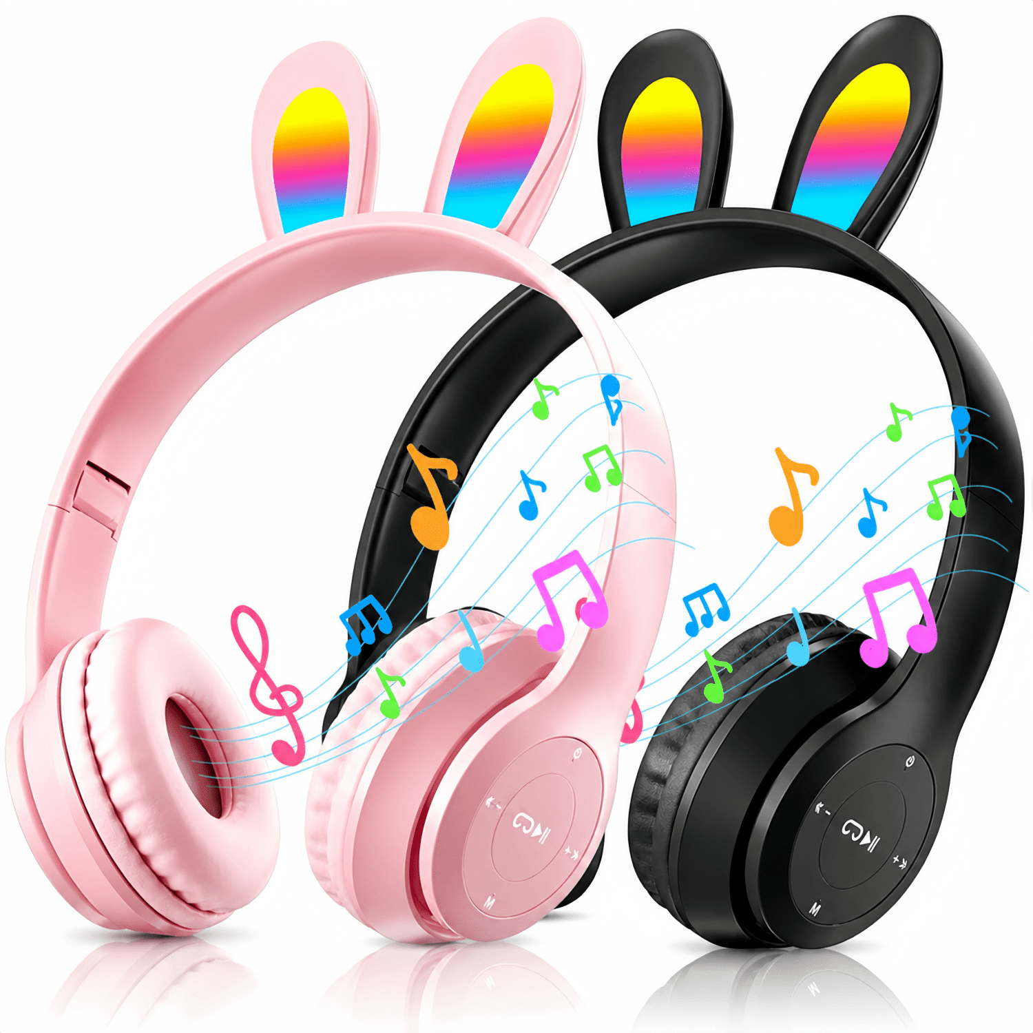 QINIUXO 2 Pack Kids Bluetooth Headphones with Bunny Ears, Volume Limited Wireless Headphones with Microphone for Girls & Boys, Foldable Over-Ear Headset for School, Tablet, Phone & PC (Pink/Black)