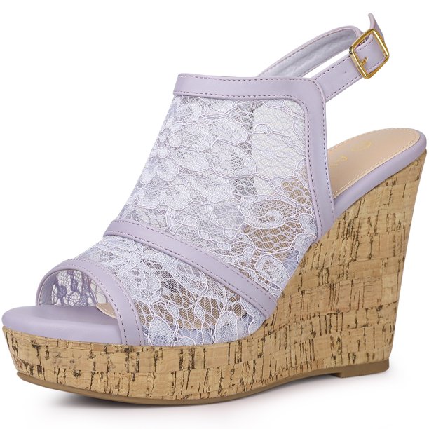 Sandalias de Cuña Allegra K de encaje con Tacón de Plataforma punta Abierta Flor Purpura 41