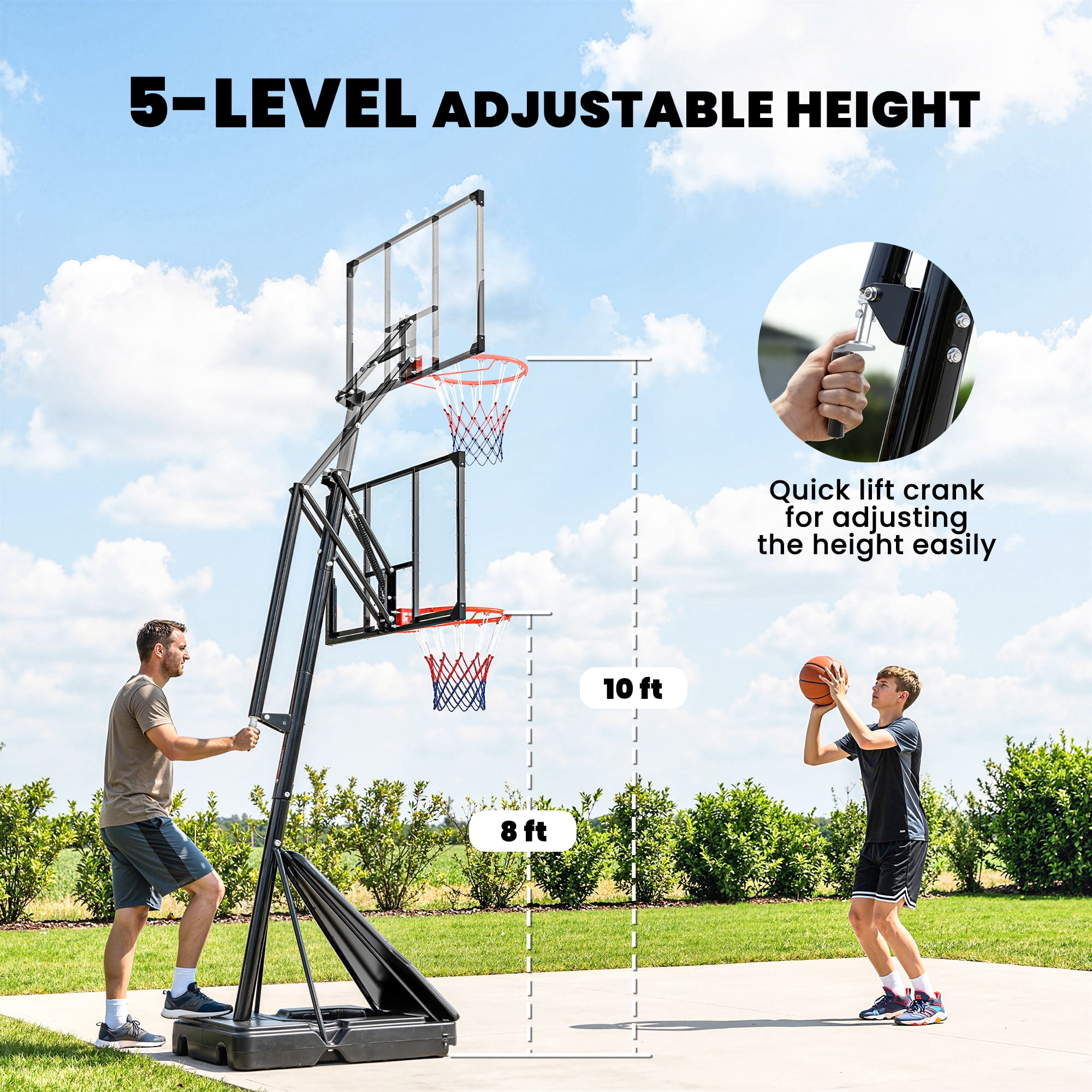 Soozier Basketball Hoop Outdoor Portable, 8-10ft Adjustable Basketball Goal, 47 Inch Shatterproof Backboard w/Shock Absorbent Rim, Hand-Crank Lift