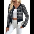 thumbnail image 2 of Blazer de A Cuadros para Mujer, Elegante, Informal, con Botones Al Frente, Cuello Redondo, Larga, Tejido Texturizado Negro L, 2 of 10