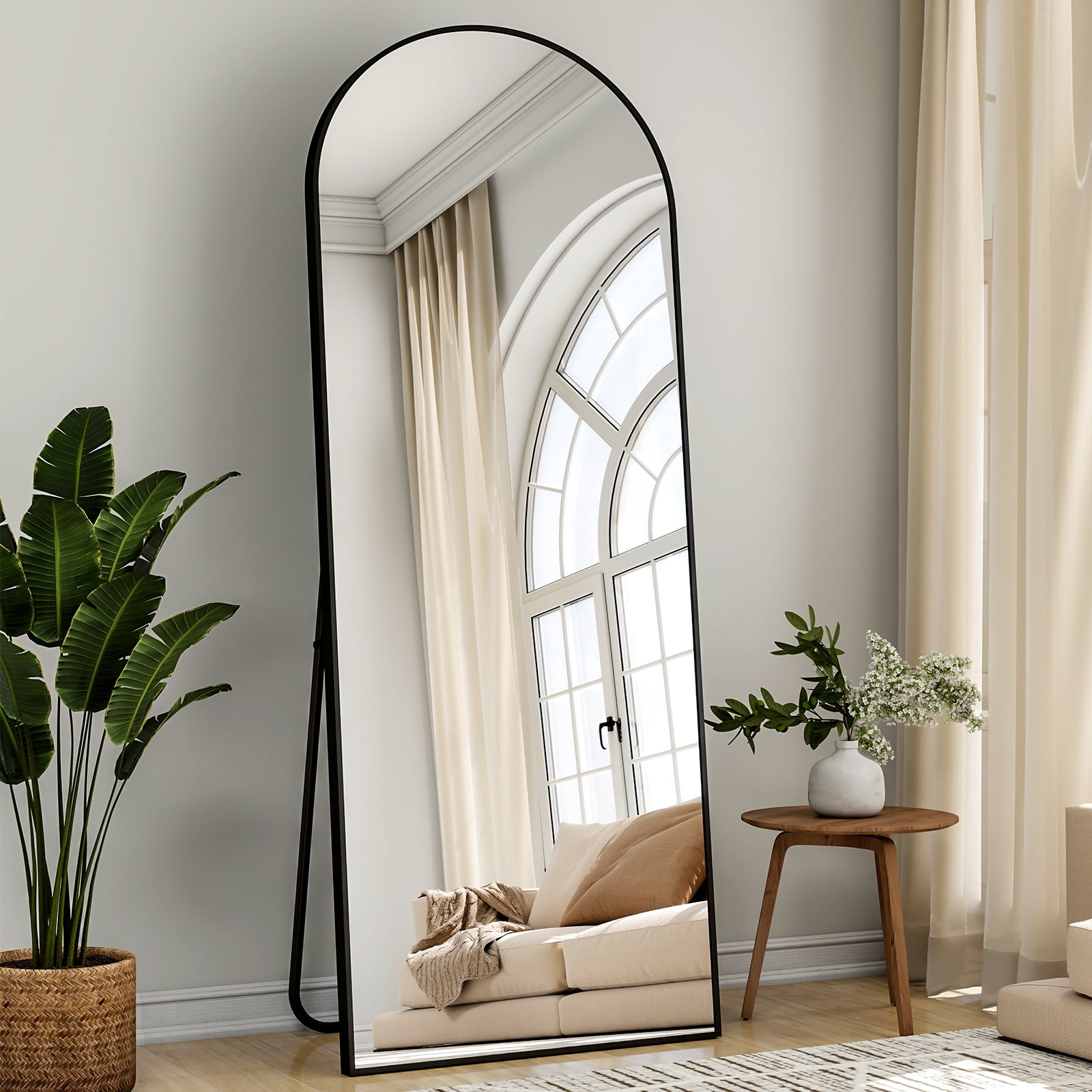 Mirstory 64"x21" Floor Mirror Arched Full Body Dressing Mirror, Black
