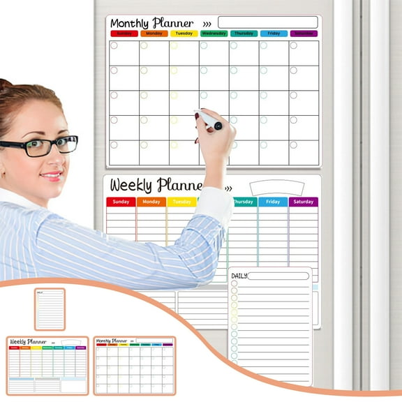 Magnetic Dry Erase Calendar Whiteboard Set (3-Pack) for Fridge, Wall, and Refrigerator Organization – Monthly, Weekly, and Daily Planners with 8 Markers and Eraser
