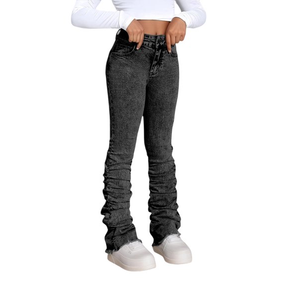 shoper Girls Ruched Denim Pants Y2K Jeans with Pockets Casual Vintage Everyday Wear Suitable for Ages 7 to 12
