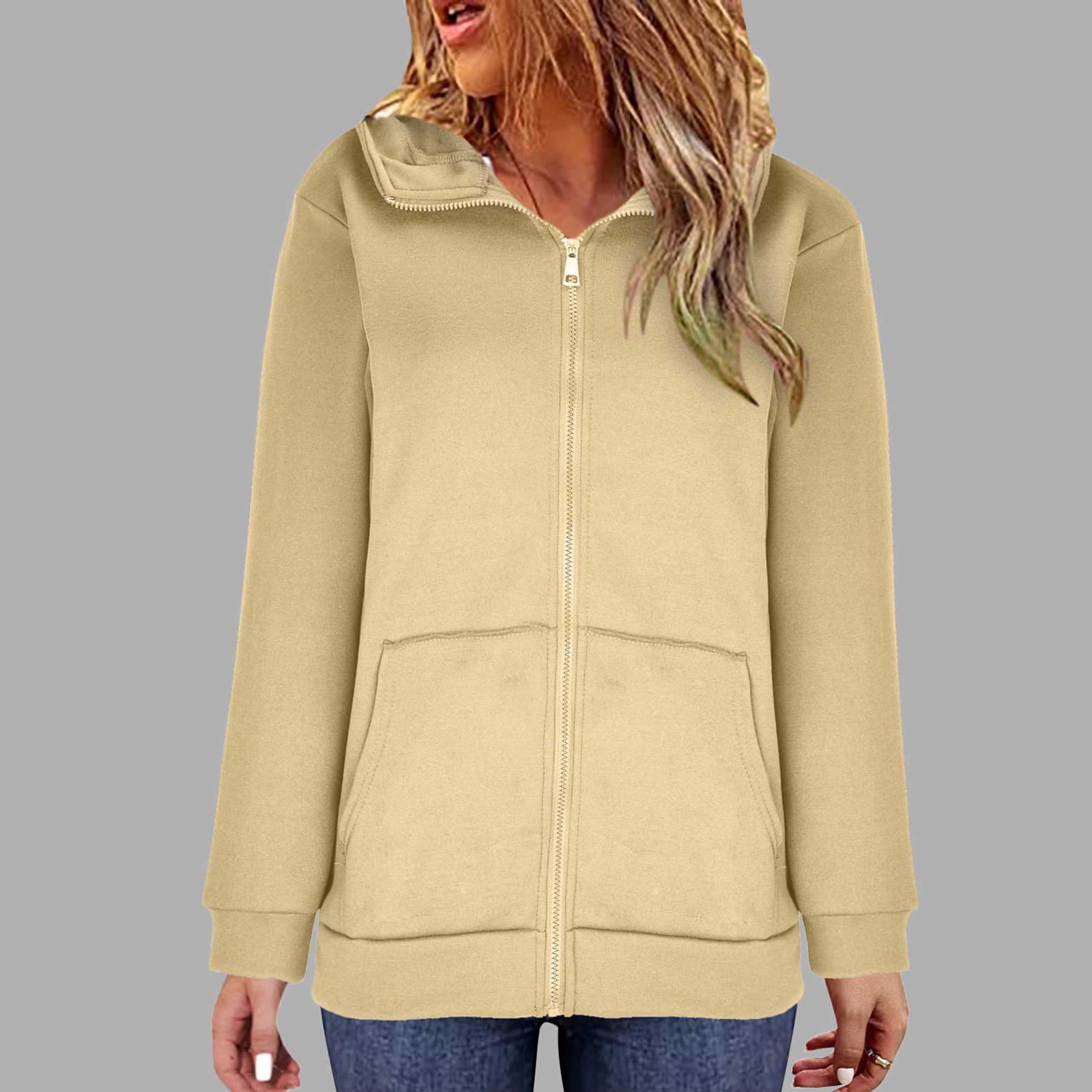 WMTBSRSW Women's Plus Size S-5XL Hoodies Zip Up Solid Hooded Sweatshirts Casual Long Sleeve Sweatshirts with Pockets Fleece Lined Hood Jackets Beige Small