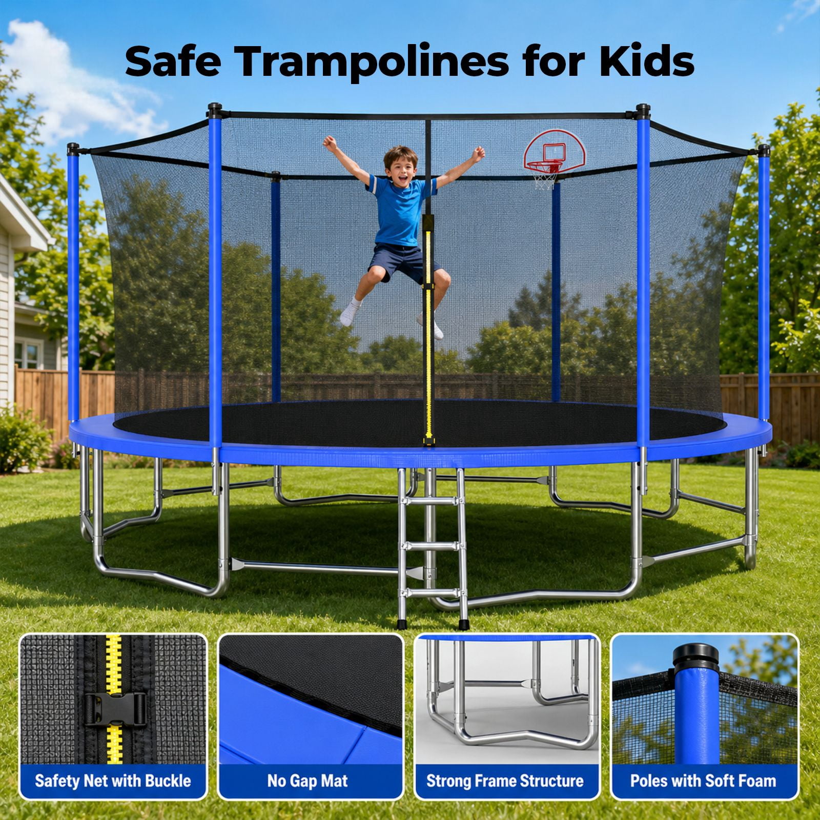 Alvantor 16Ft Trampoline for Kids & Adults, Upgrad Trampolines with Enclosure Net and Basketball Hoop for Backyard Blue
