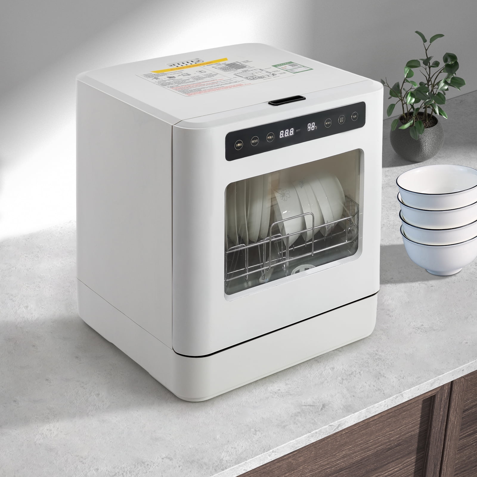 110V Portable Countertop Dishwashers, Compact Mini 360° Cleaning Dishwasher Machine with Drying Function 4 Washing Program White