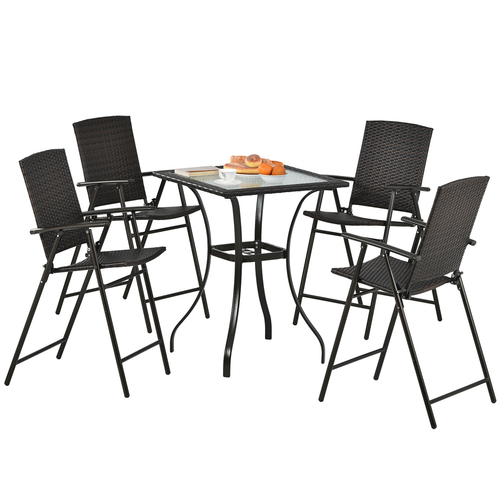 5-Piece Dining Table Set for Outdoor Patio, Modern Multipurpose PE Wicker Counter Height Dining Table Set with Glass Tabletop, Umbrella Hole and 4 Foldable Chairs for Garden Poolside Backyard, Brown - image 3 of 7