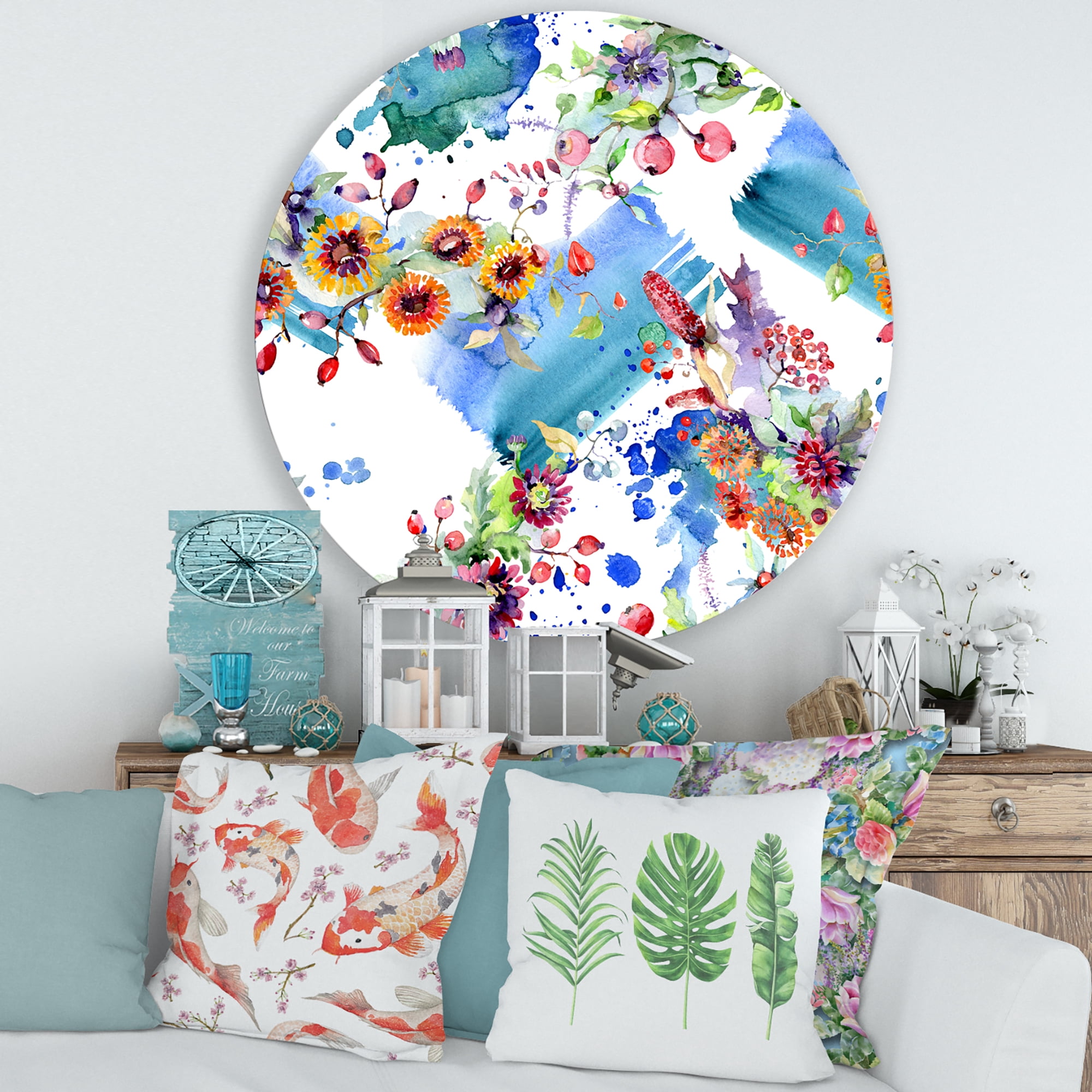 Designart 'Wildflowers and Vibrant Wild Spring Leaves IX' Modern Circle Metal Wall Art 36x36 - Disc of 36