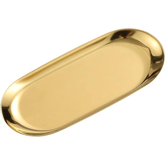 1 Pcs Gold Trinket Tray Oval Stainless Steel Small Serving Trays Towel Storage Dish Plate Tea Fruit Trays Jewelry Plate Decorative Storage Tray (Gold 1pcs, 7.08 x 3.35 Inch)