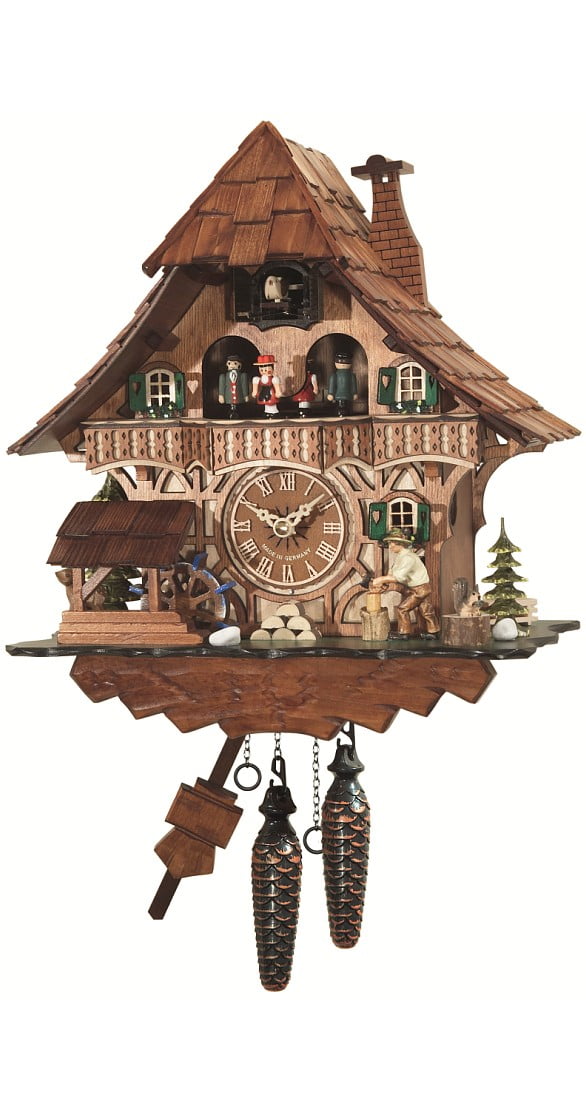 Quartz Cuckoo Clock Black Forest house with moving wood chopper and