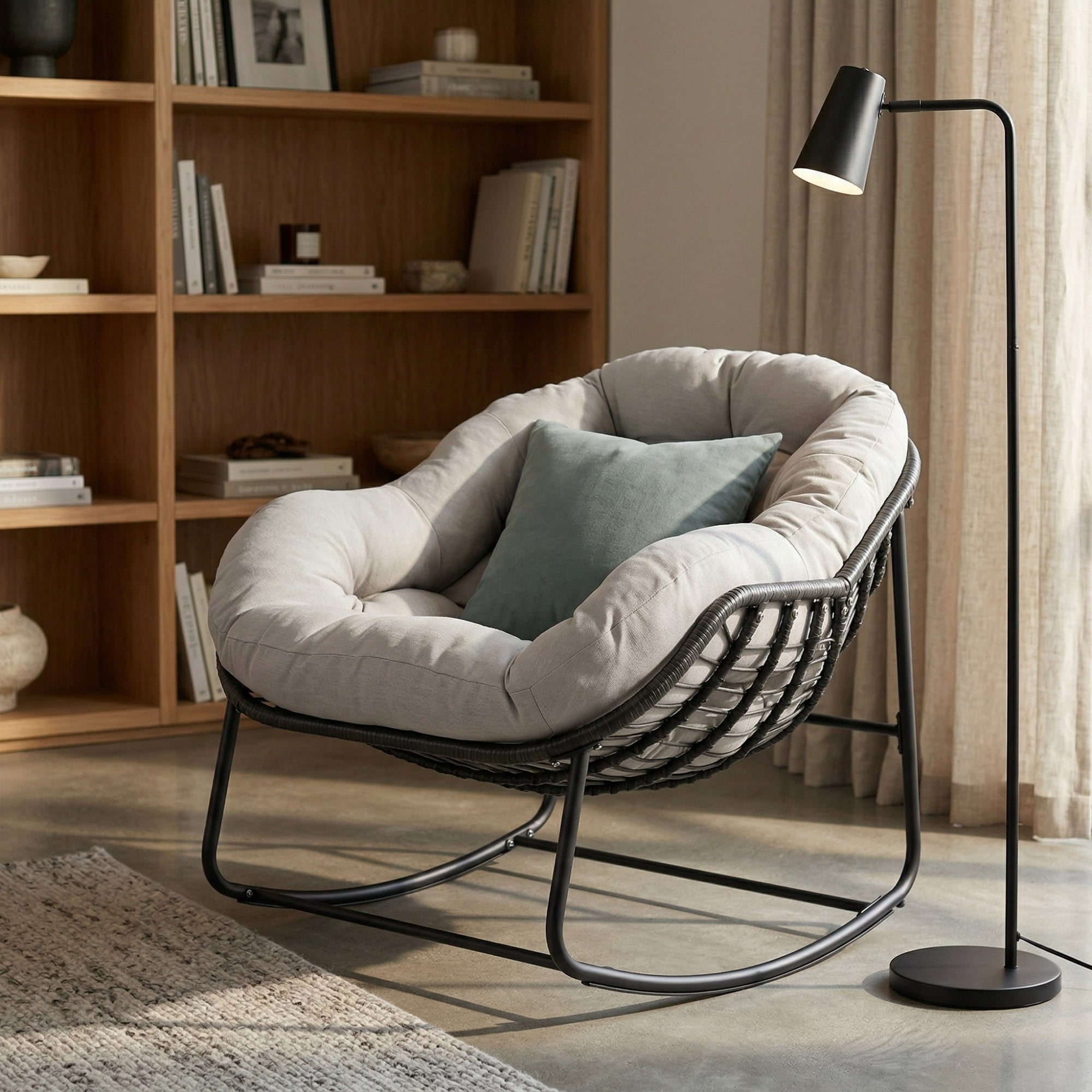 Outdoor Papasan Rocking Chair, Oversized Egg Rocking Chair with Cushion, Wicker Rattan Patio Rocker, Indoor Outdoor Lounge Chair for Porch Garden Living Room, Light Gray