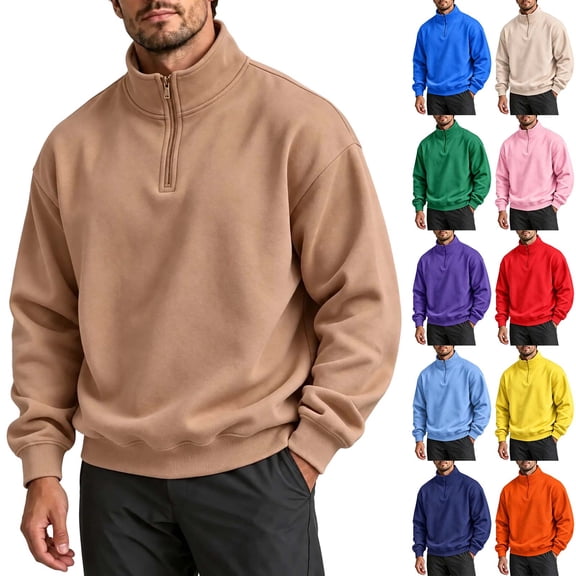Xecvkr 1/4 Zip Pullover Mens Fall Sweatshirts Casual Stand Collar Top Long Sleeved Solid Outdoor Athletic Pullover Beige L