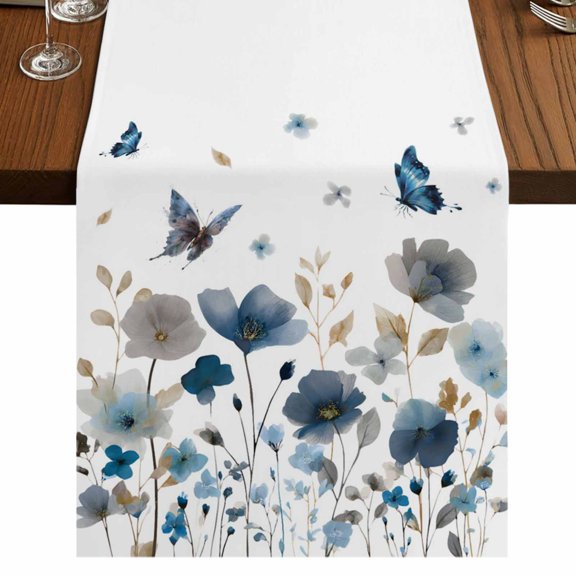 Table Runners 60 Inches Long Dress Scarves, Gray Blue Flowers Farmhouse Kitchen/Dining Table Runner, Small Coffee Tablerunners, Watercolor Floral Butterflies Spring 13x60 Inch