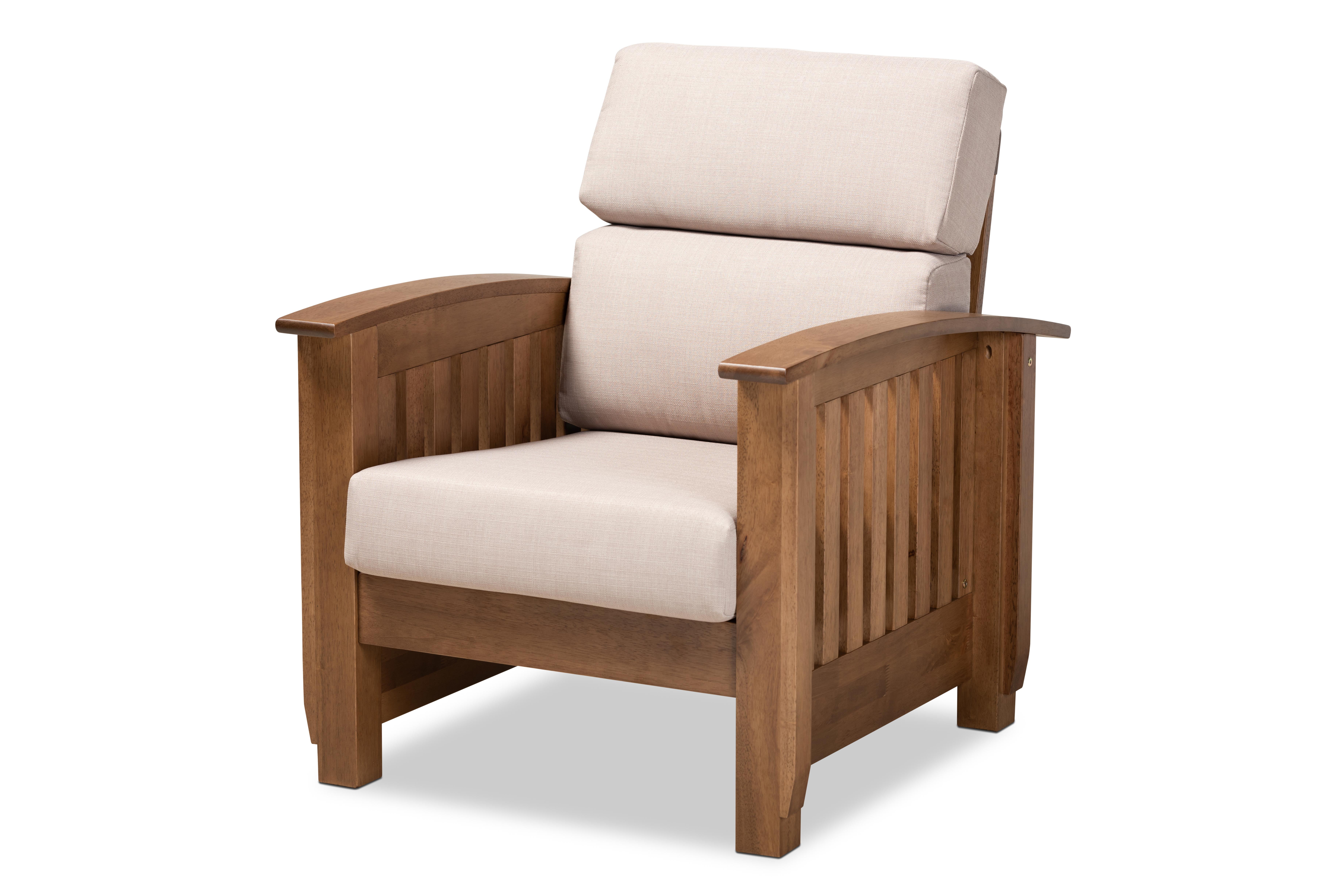 Baxton Studio Charlotte Modern Classic Mission Style Taupe Fabric Upholstered Walnut Brown Finished Wood 1-Seater Lounge Chair