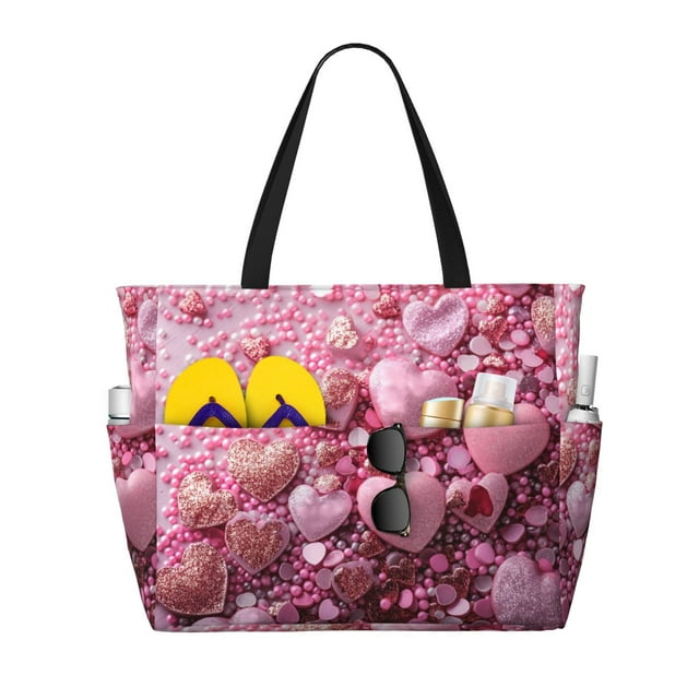 Fotbe Pink Glitter Heart Candy Bolsa de Viaje para Playa - Resistente al Agua, Bolsa Tote de Gran Capacidad y Ligera con 7 Bolsillos para Mujeres y Hombres